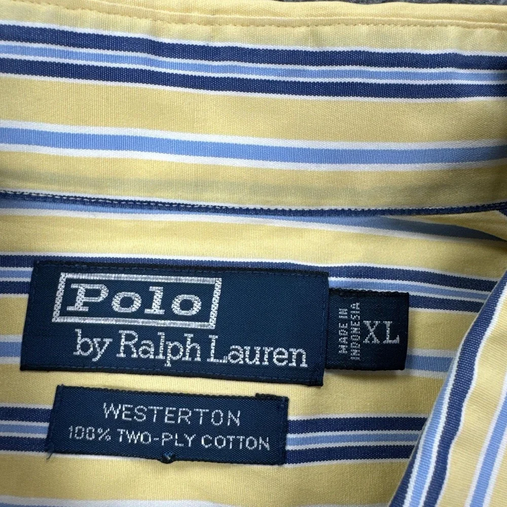 VTG Polo Ralph Lauren Dress Shirt Mens XL Yellow Blue Stripe Westerton